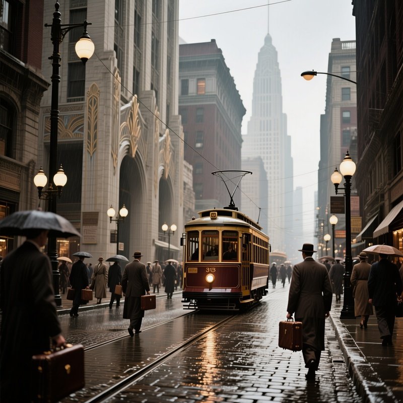 A Bustling Streetcar Scene In 1930S Chicago, Art Deco Buildings Lining The Avenue, Commuters With