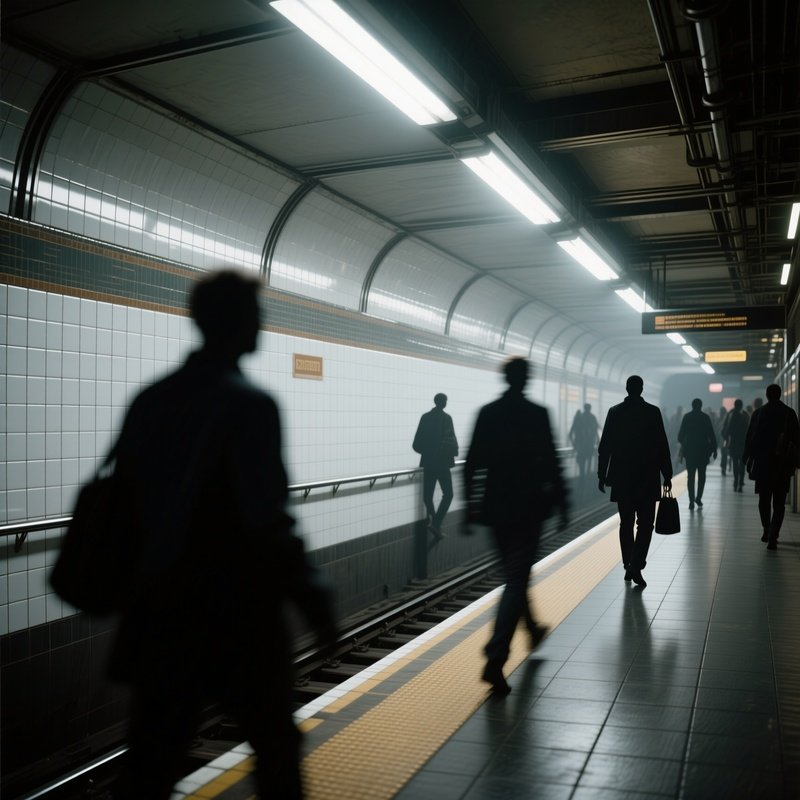 A Bustling Subway Platform During Rush Hour, Tiled Walls And Metal Rails Sculpted From Gray Clay,