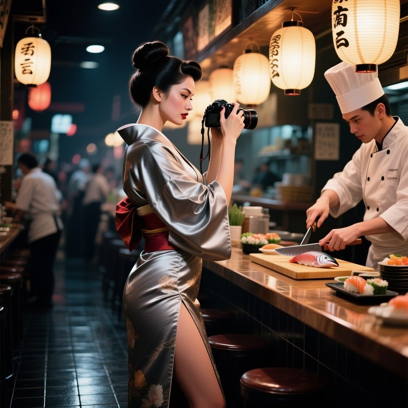 A Bustling Sushi Bar At Night, A Sleek Pin‑Up In A Silk Kimono With A Slit At The Waist Revealing