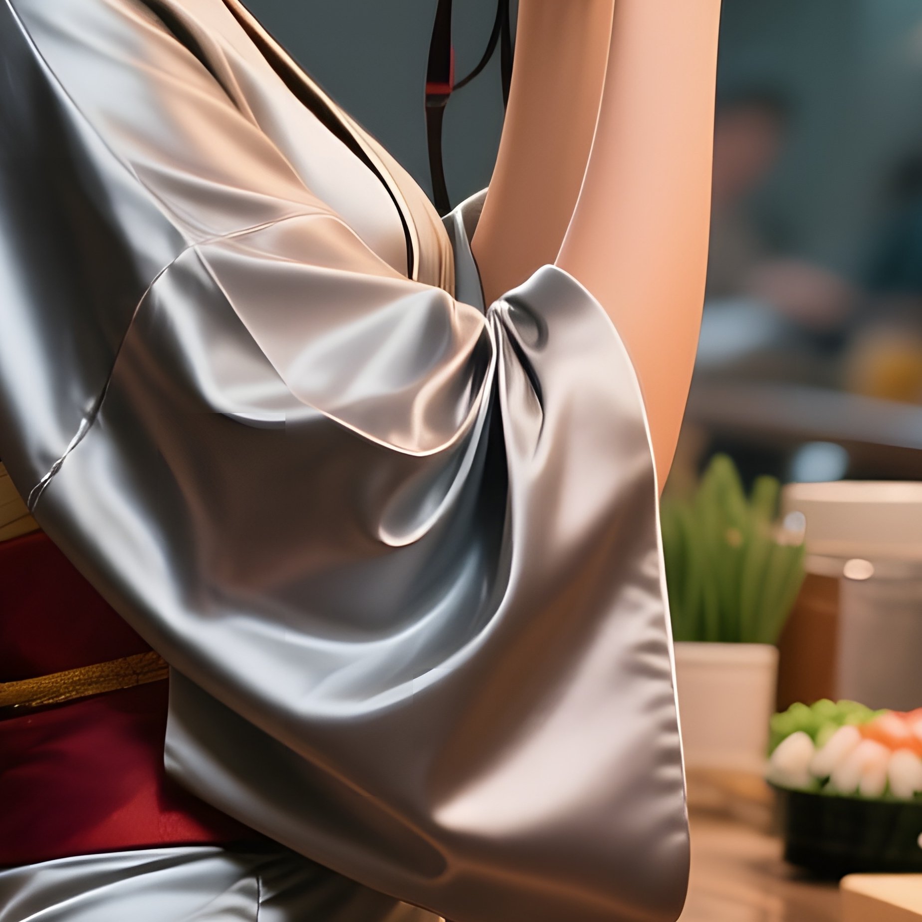 A Bustling Sushi Bar At Night, A Sleek Pin‑Up In A Silk Kimono With A Slit At The Waist Revealing - Full Resolution Quality Preview