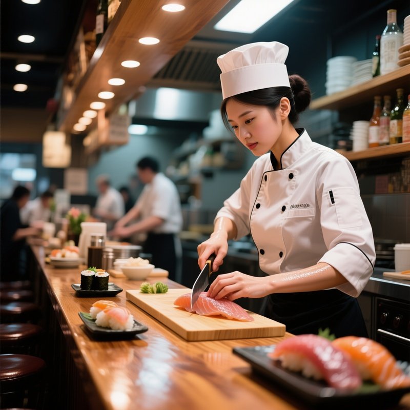 A Bustling Sushi Bar With Polished Wood Counters, A Female Chef Expertly Slicing Fish, Her Bare