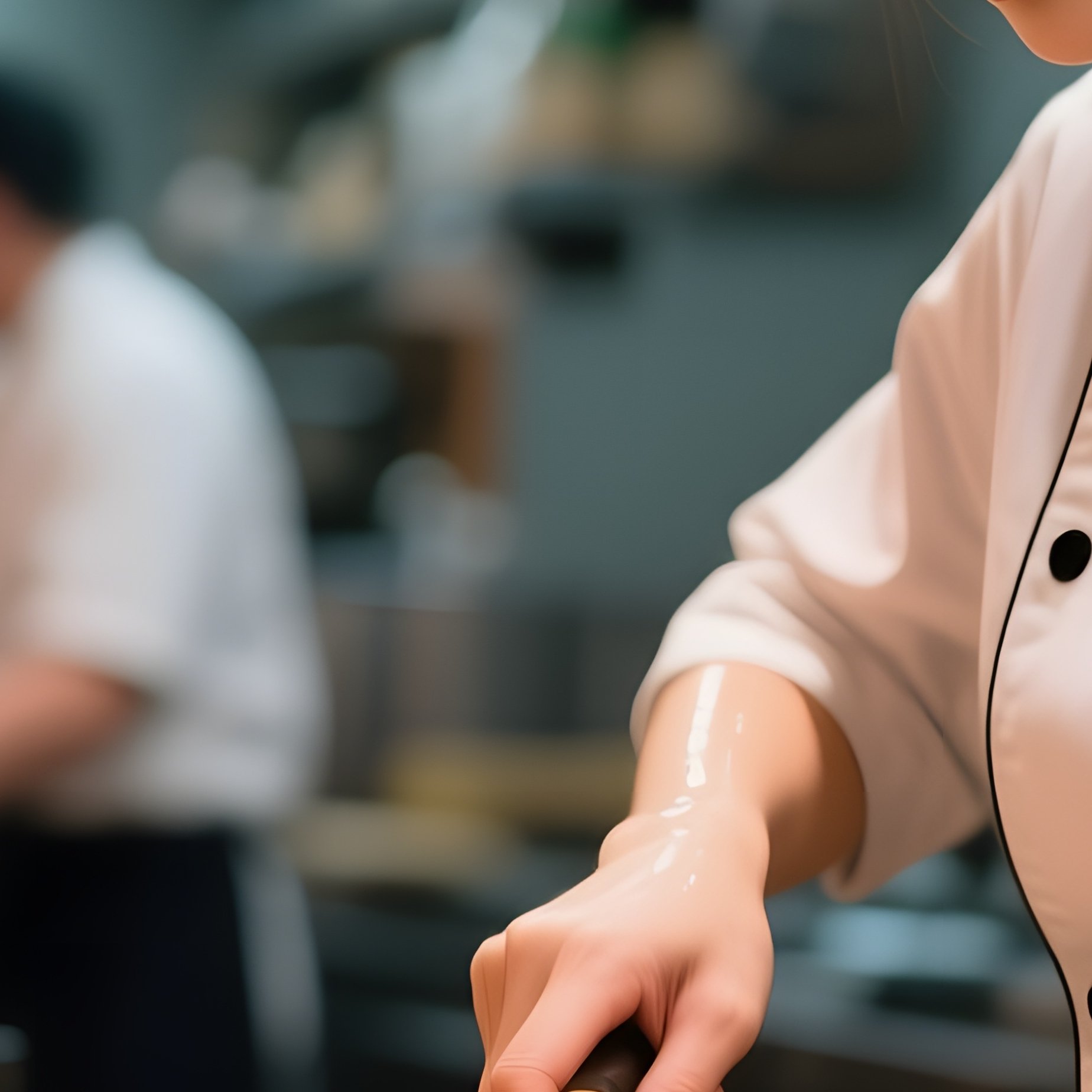 A Bustling Sushi Bar With Polished Wood Counters, A Female Chef Expertly Slicing Fish, Her Bare - Full Resolution Quality Preview
