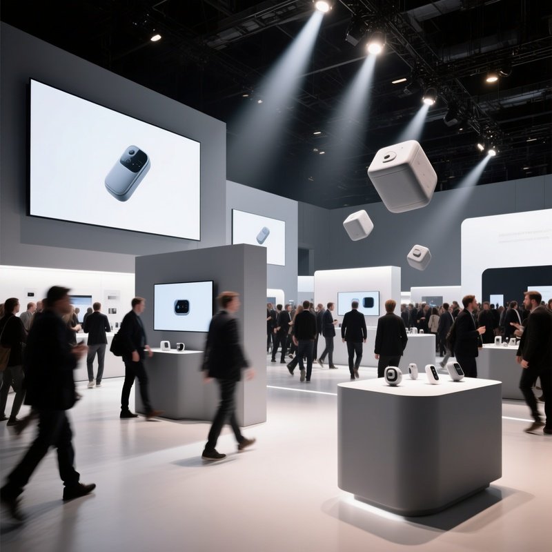 A Bustling Tech Conference Hall Sleek Booths Large Screens Rendered In Matte Gray Clay Bright