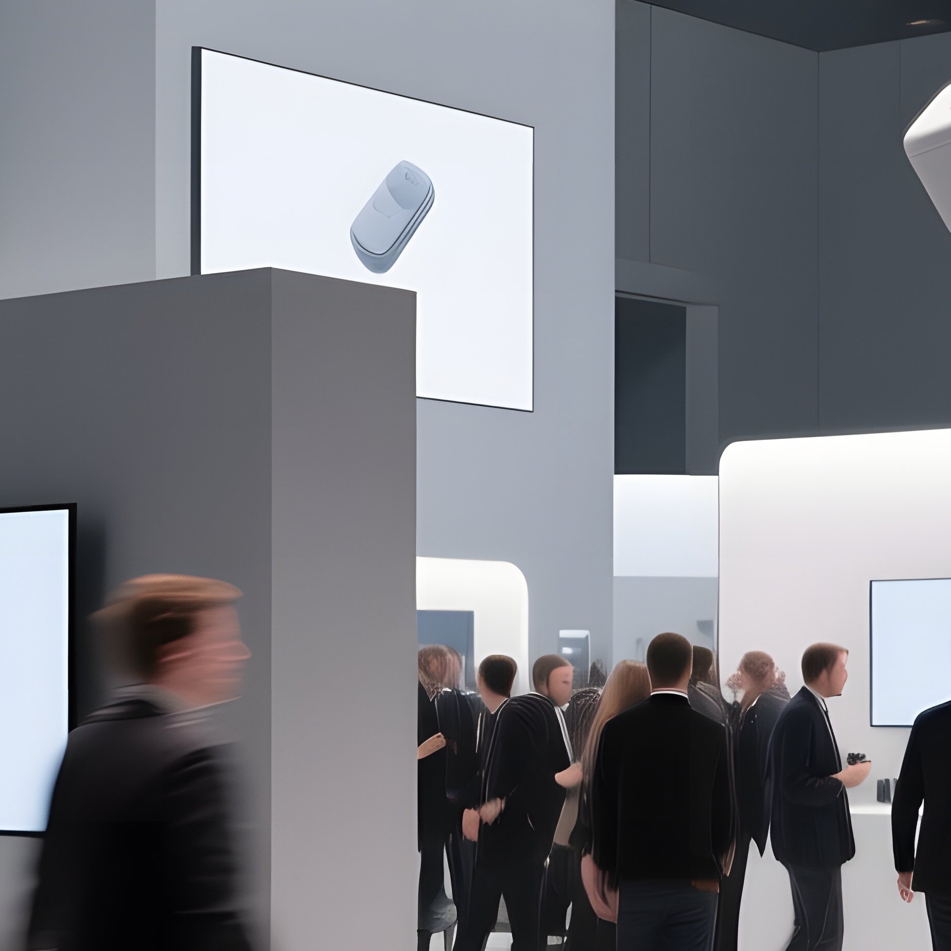 A Bustling Tech Conference Hall Sleek Booths Large Screens Rendered In Matte Gray Clay Bright - Full Resolution Quality Preview