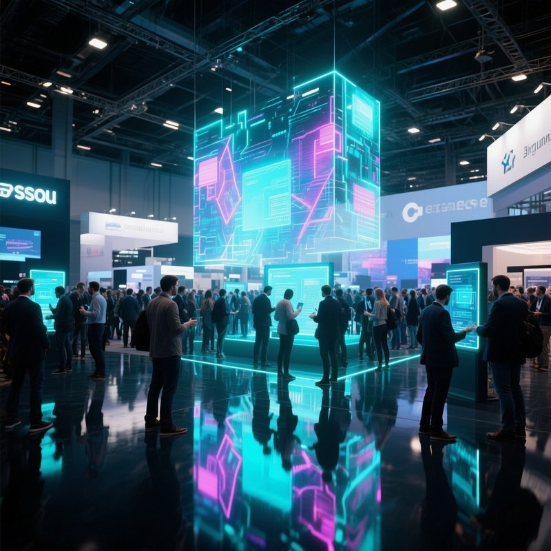 A Bustling Tech Expo Hall Illuminated By Holographic Displays, Crowds Interacting With Glowing