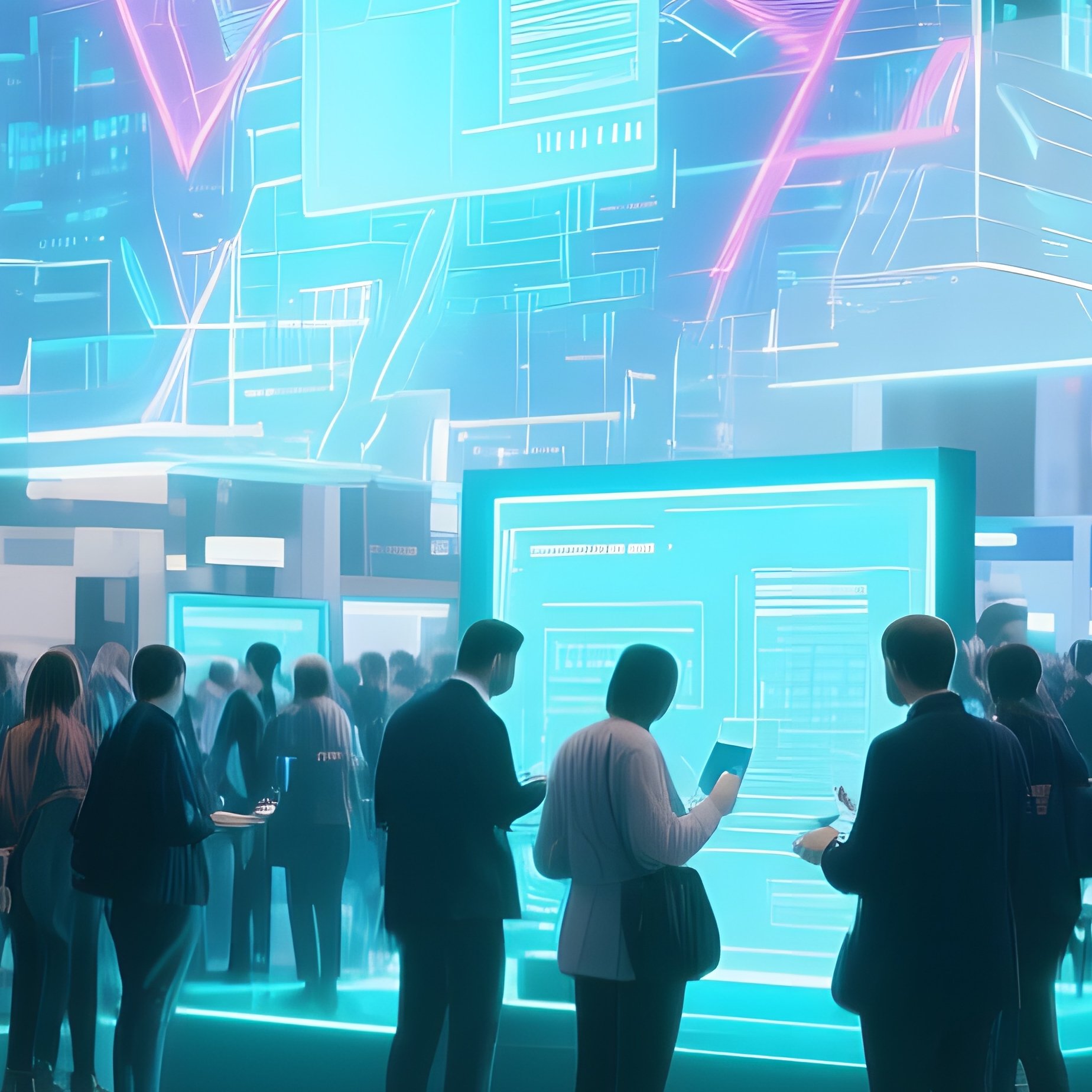 A Bustling Tech Expo Hall Illuminated By Holographic Displays, Crowds Interacting With Glowing - Full Resolution Quality Preview