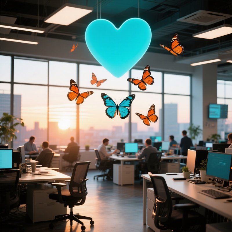 A Bustling Tech Startup Office With Large Windows, Sunrise Lighting Desks As Cyan And Orange