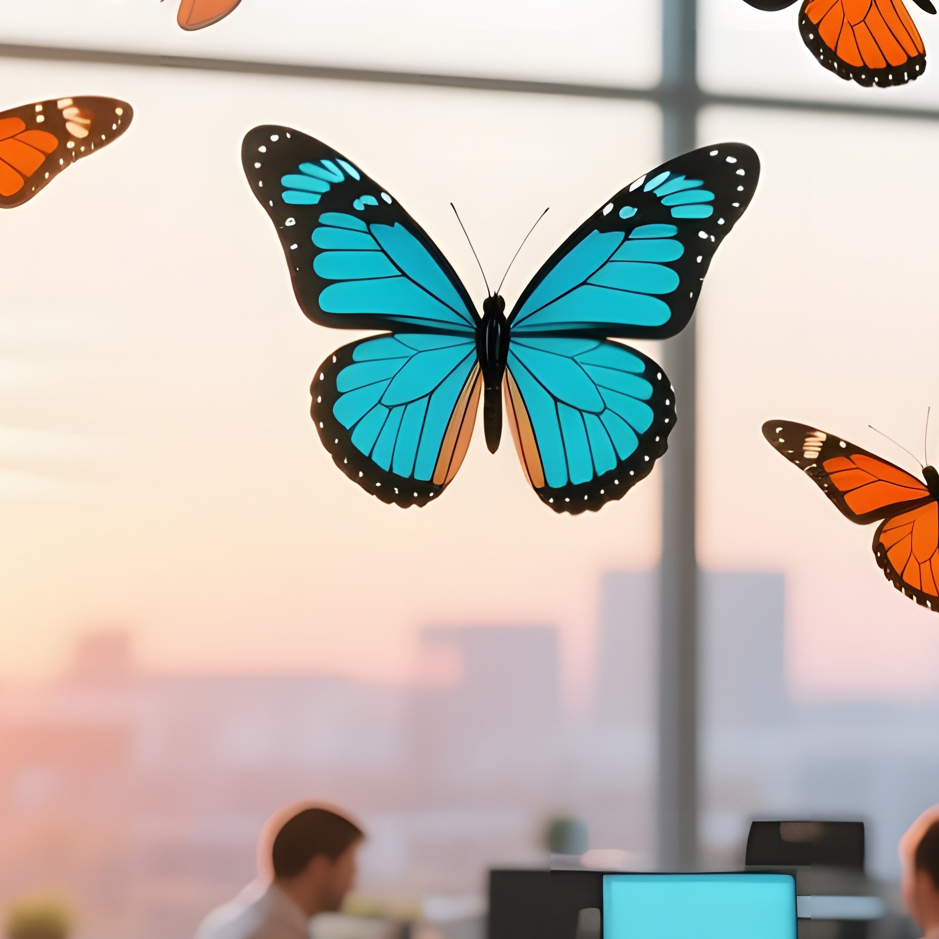 A Bustling Tech Startup Office With Large Windows, Sunrise Lighting Desks As Cyan And Orange - Full Resolution Quality Preview
