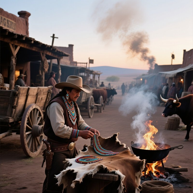 A Bustling Trading Post At Dawn, Wooden Wagons Lined Up, A Cowboy Trades Cattle Hides For Beadwork