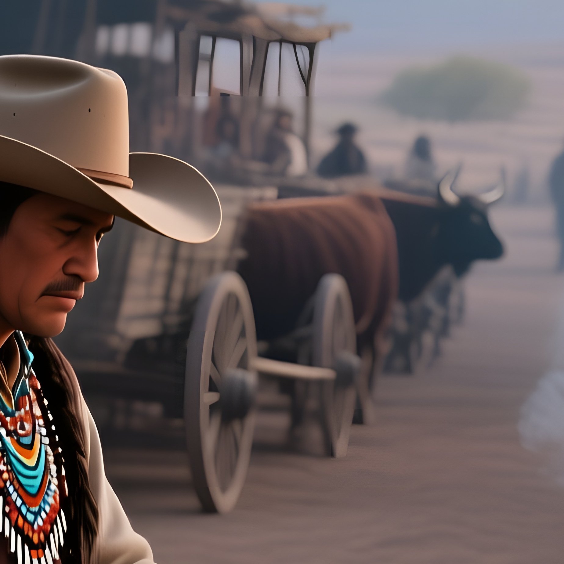 A Bustling Trading Post At Dawn, Wooden Wagons Lined Up, A Cowboy Trades Cattle Hides For Beadwork - Full Resolution Quality Preview