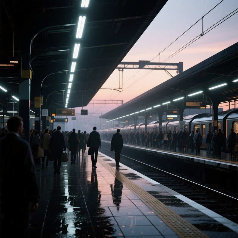 A Bustling Train Station At Twilight, Platforms Crowded With Commuters Rendered In Angular Lines,