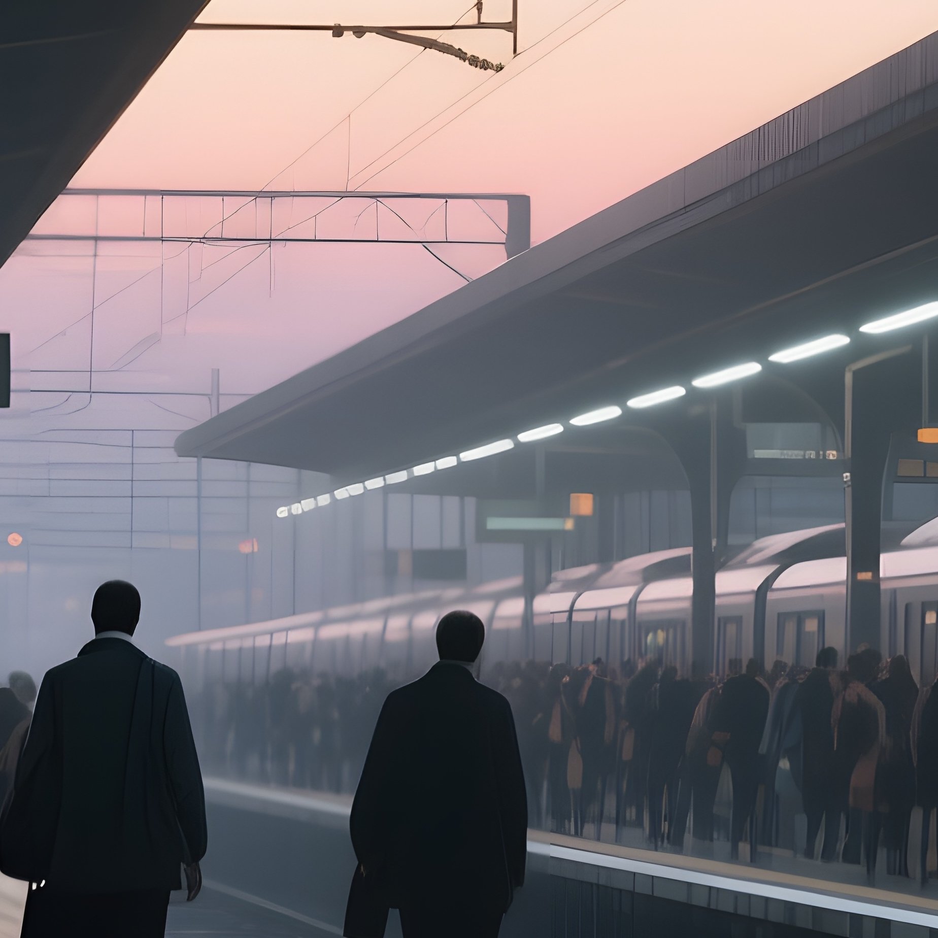 A Bustling Train Station At Twilight, Platforms Crowded With Commuters Rendered In Angular Lines, - Full Resolution Quality Preview