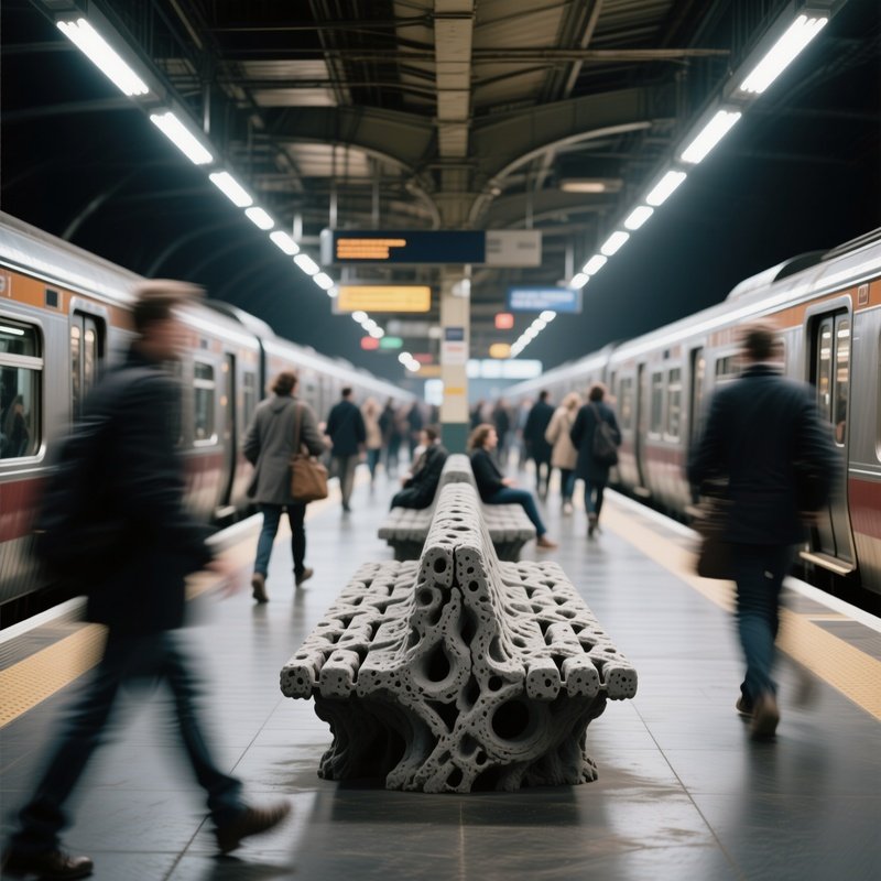 A Bustling Train Station During Rush Hour, Platforms And Benches Formed From Textured Gray Clay,