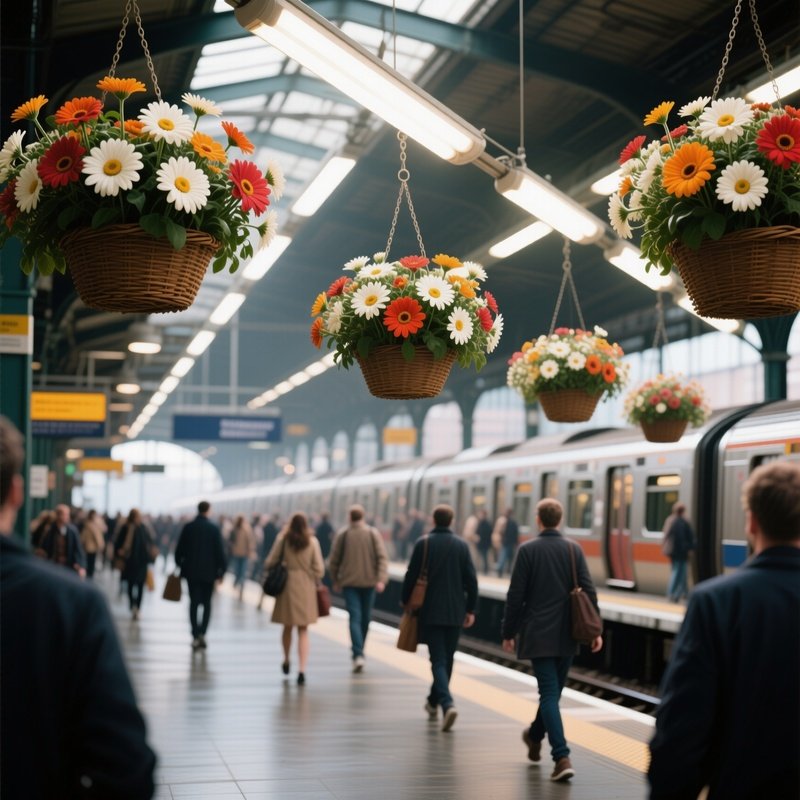 A Bustling Train Station Platform Adorned With Hanging Baskets Of Gerbera Daisies, Commuters Moving