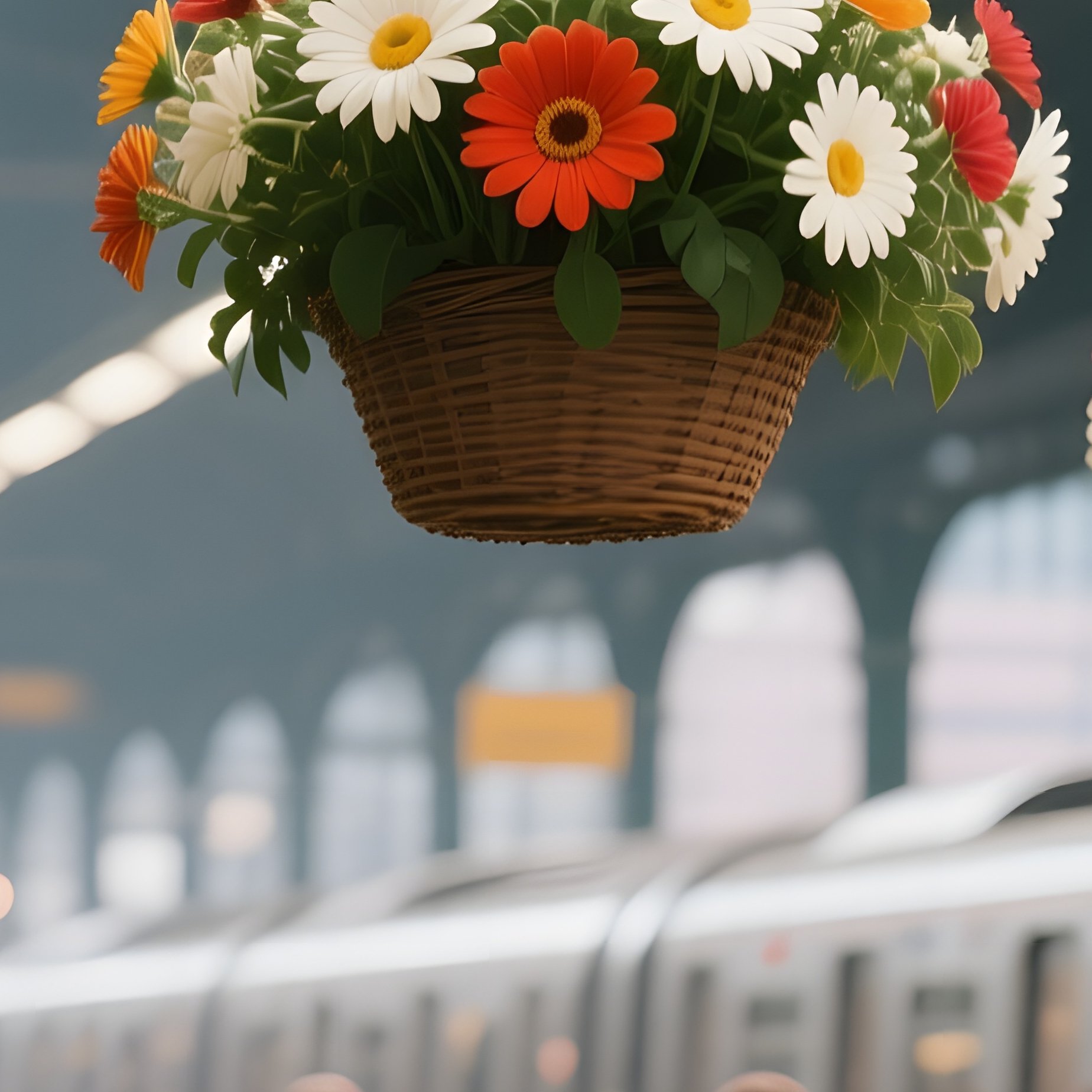 A Bustling Train Station Platform Adorned With Hanging Baskets Of Gerbera Daisies, Commuters Moving - Full Resolution Quality Preview