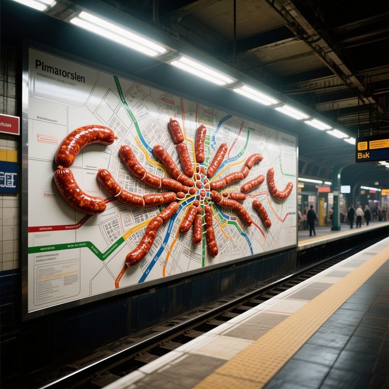 A Bustling Train Station Platform Under Fluorescent Lights, Featuring A Massive Mural Made Of