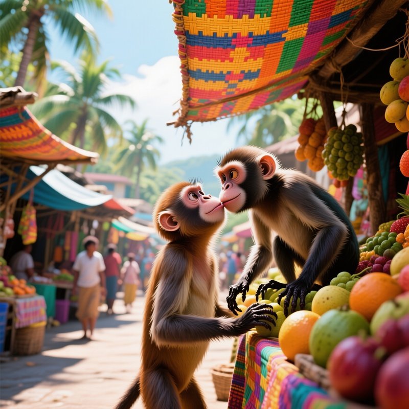 A Bustling Tropical Market Street At Midday, A Cheeky Spider Monkey Steals A Kiss From Its Mate