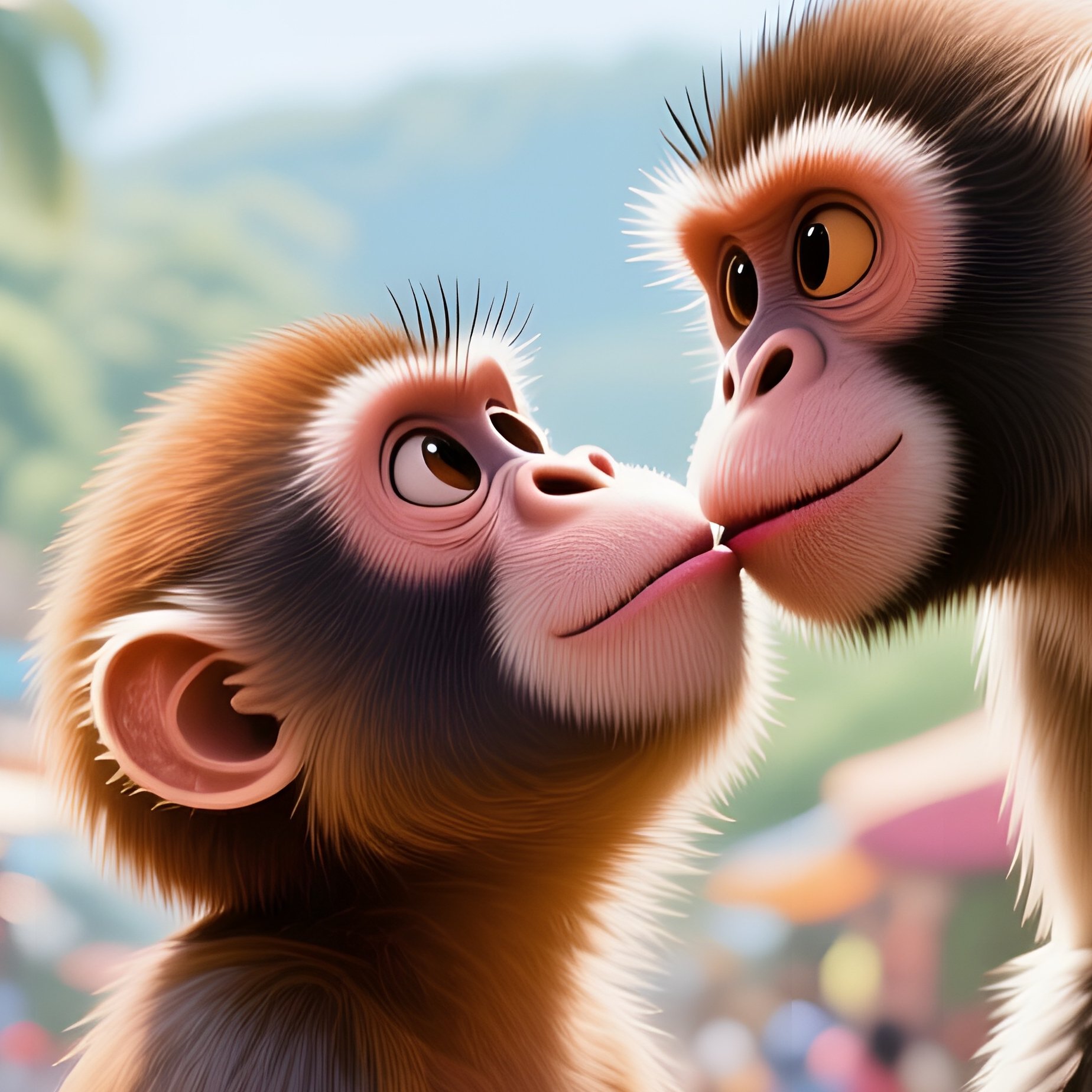 A Bustling Tropical Market Street At Midday, A Cheeky Spider Monkey Steals A Kiss From Its Mate - Full Resolution Quality Preview