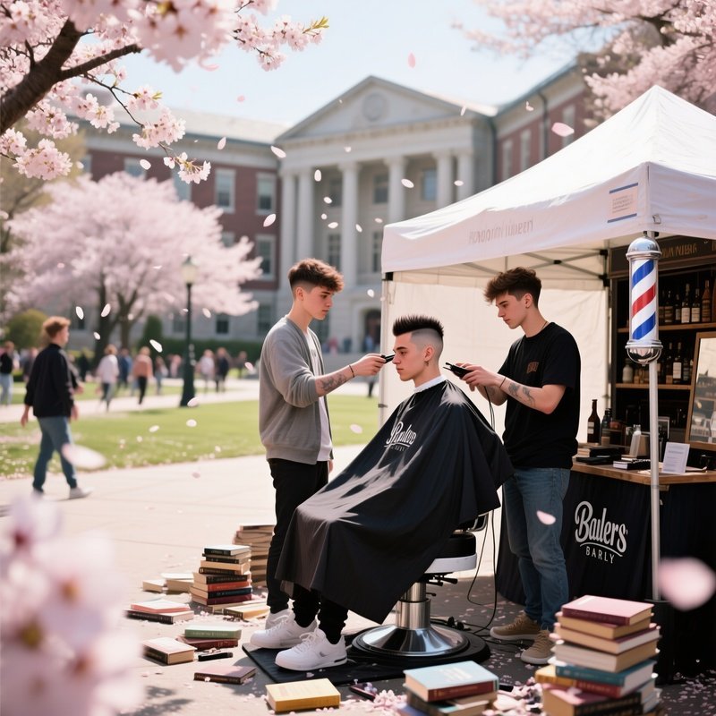 A Bustling University Campus Quad In Spring, Cherry Blossoms Falling; A Student Gets A Trendy
