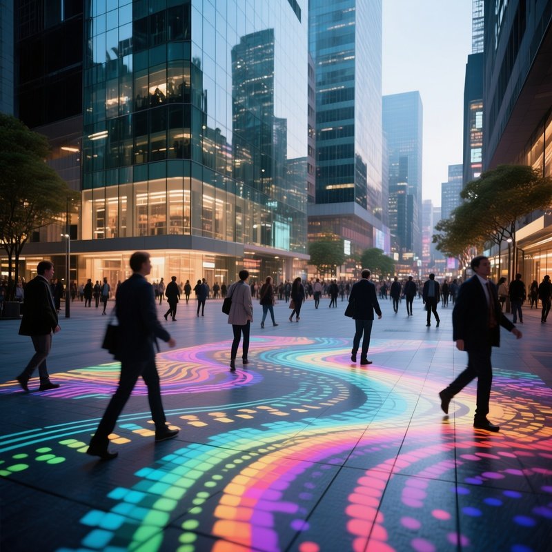 A Bustling Urban Plaza Featuring Interactive Floor Projections That React To Footsteps, Displaying