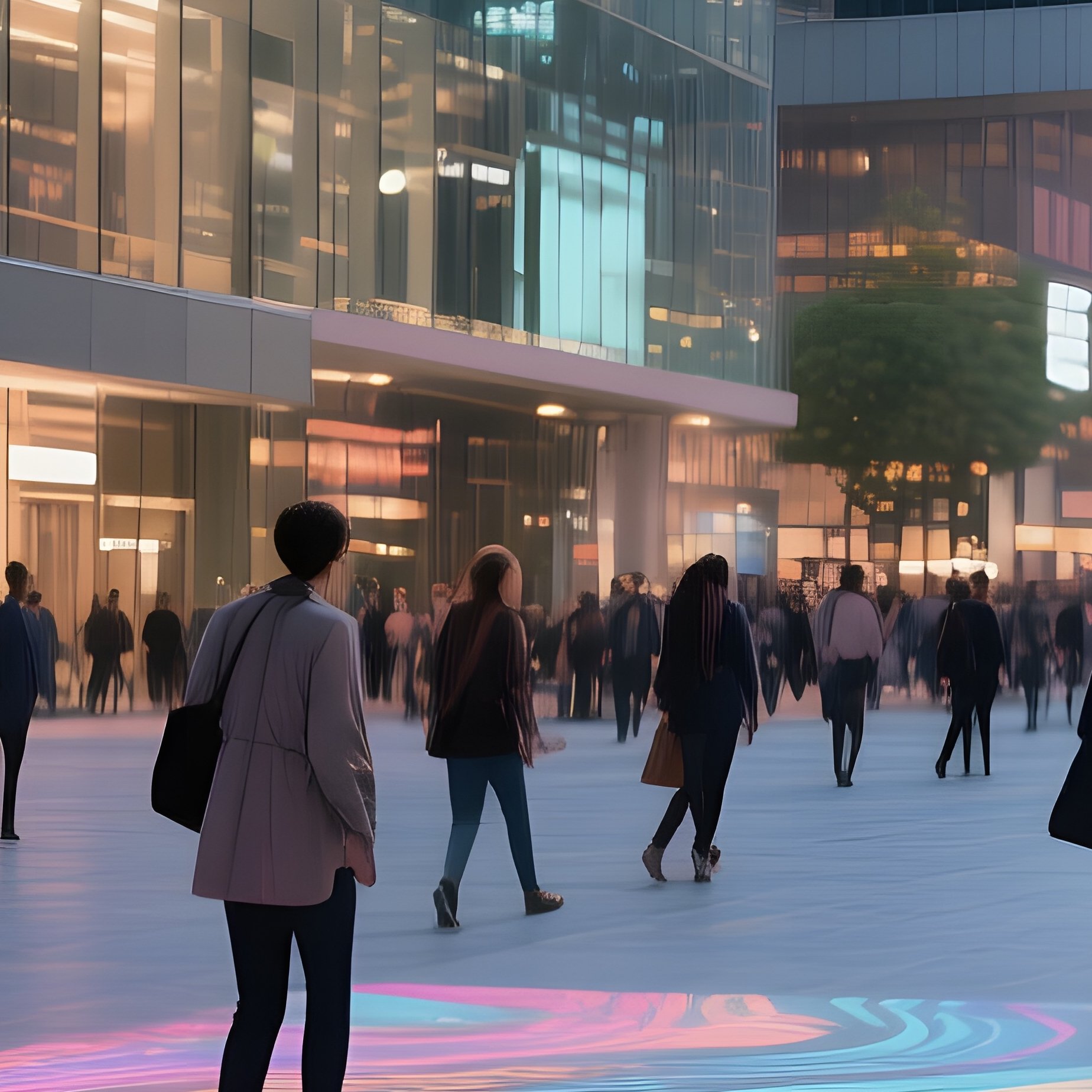 A Bustling Urban Plaza Featuring Interactive Floor Projections That React To Footsteps, Displaying - Full Resolution Quality Preview