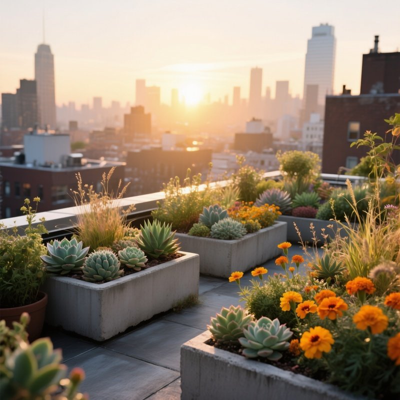 A Bustling Urban Rooftop Garden At Sunrise, Where Concrete Planters Hold A Vivid Mix Of Succulents,