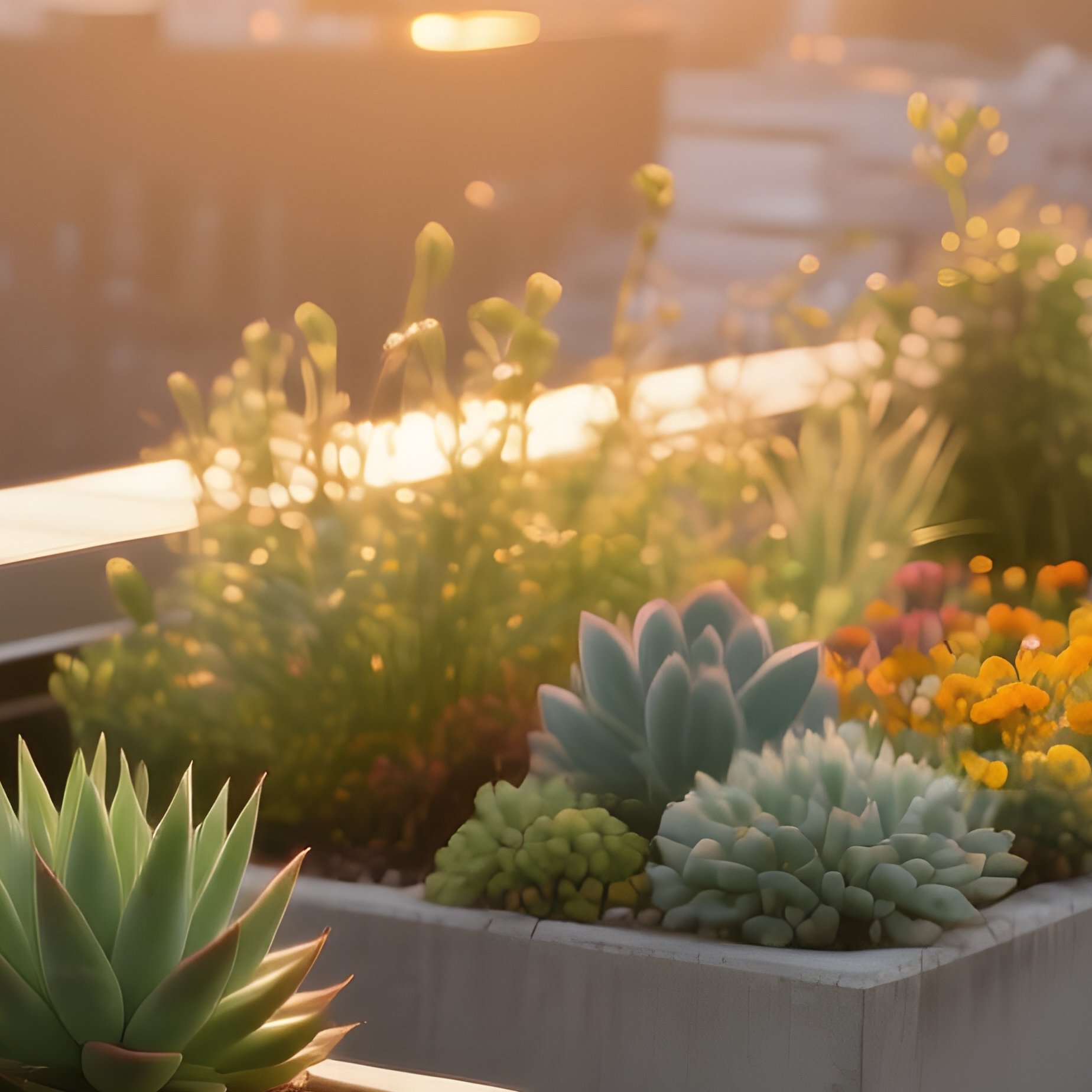 A Bustling Urban Rooftop Garden At Sunrise, Where Concrete Planters Hold A Vivid Mix Of Succulents, - Full Resolution Quality Preview