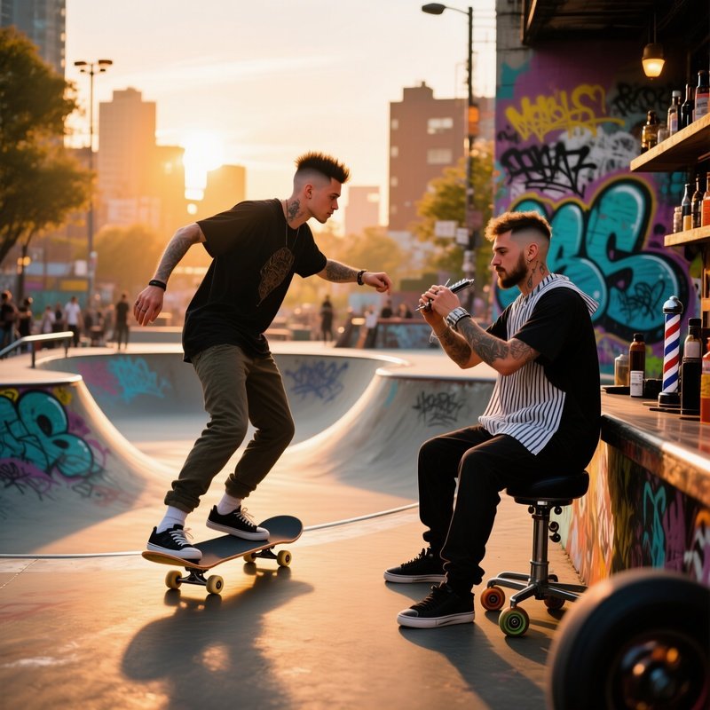 A Bustling Urban Skate Park At Golden Hour, Graffiti Walls; A Skateboarder Gets A Fresh Buzz Cut