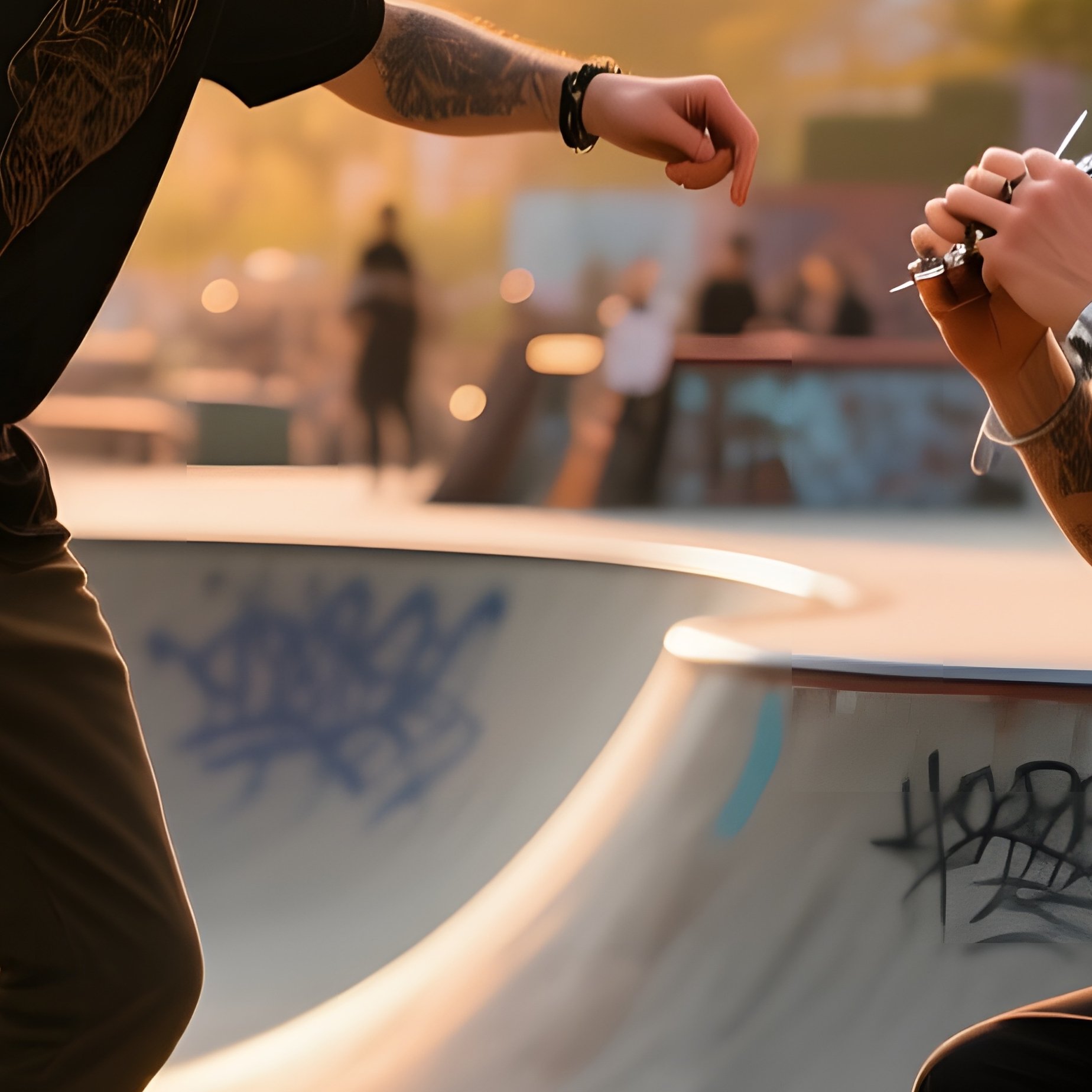 A Bustling Urban Skate Park At Golden Hour, Graffiti Walls; A Skateboarder Gets A Fresh Buzz Cut - Full Resolution Quality Preview