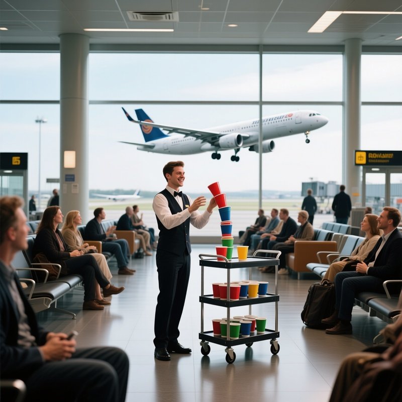 A Busy Airport Terminal Lounge During Layover Hours, Travelers Watching A Quick Cup‑And‑Ball