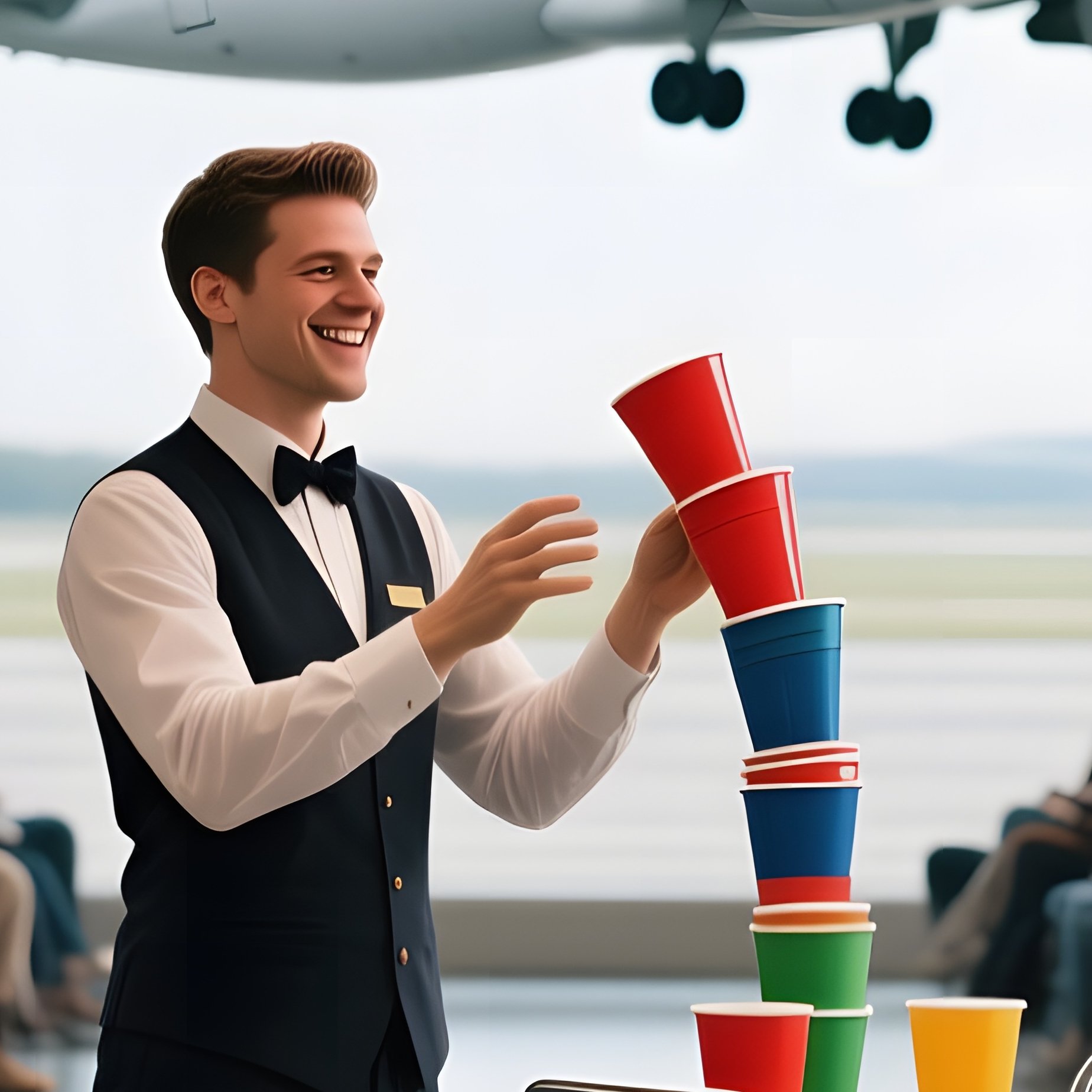 A Busy Airport Terminal Lounge During Layover Hours, Travelers Watching A Quick Cup‑And‑Ball - Full Resolution Quality Preview