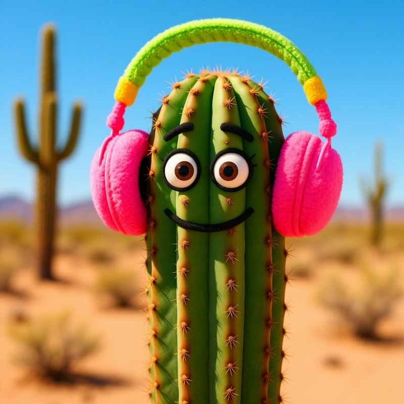 A Cactus Wearing Earmuffs In Summer