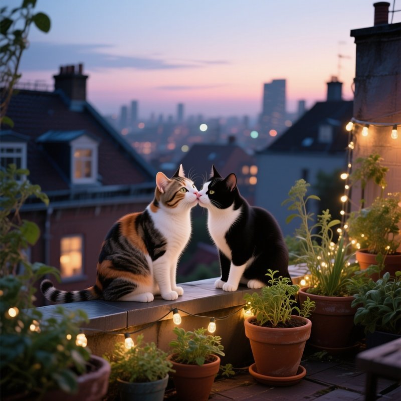 A Calico Cat Kisses A Tuxedo Cat On The Edge Of A Bustling Rooftop Garden At Dusk, Potted Herbs And