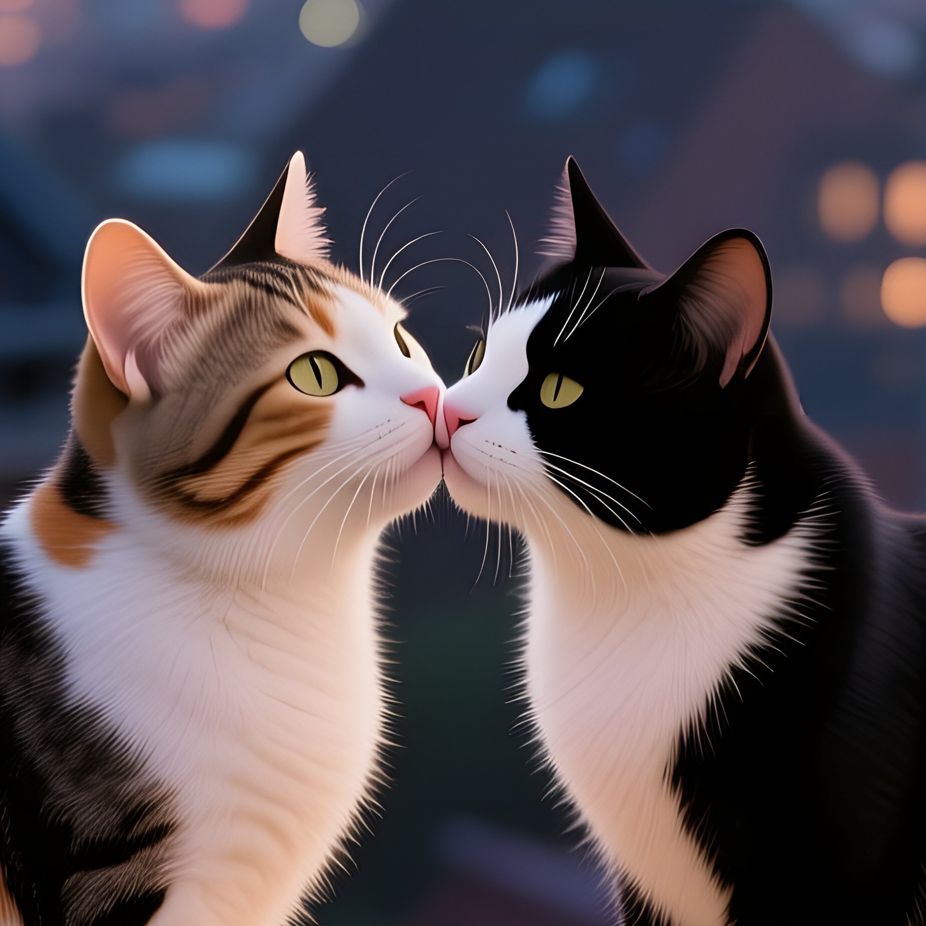 A Calico Cat Kisses A Tuxedo Cat On The Edge Of A Bustling Rooftop Garden At Dusk, Potted Herbs And - Full Resolution Quality Preview