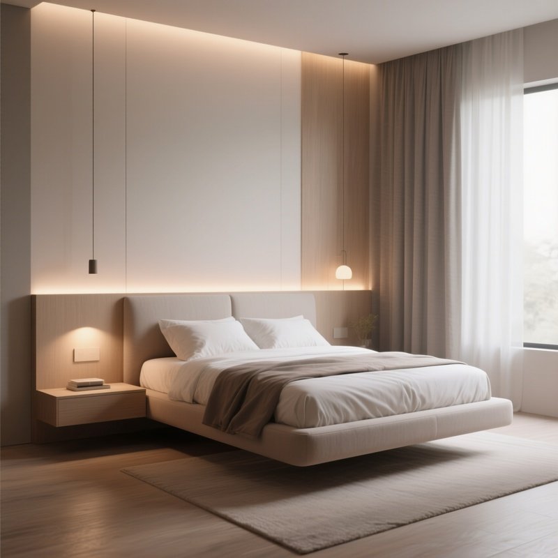 A Calm Bedroom Interior With A Floating Bed Design, Integrated Headboard Lighting, And Muted Natural Colors