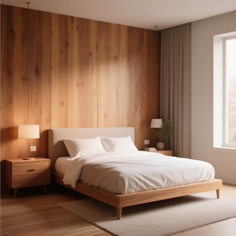 A Calm Bedroom Interior With Warm Wood Tones And Minimalist Furniture