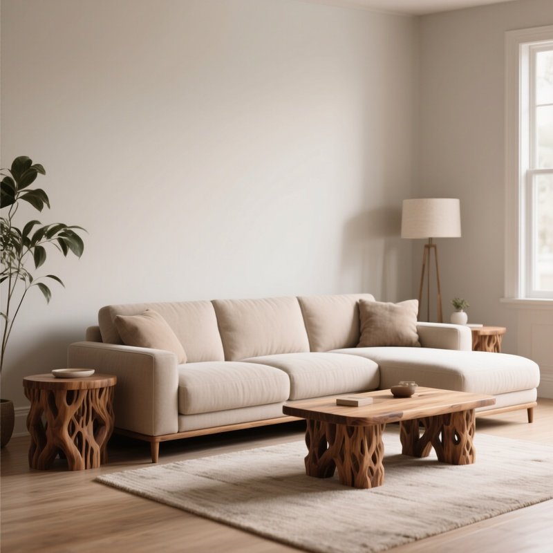 A Calm Living Room Interior With A Neutral Toned Sectional Sofa And Handcrafted Wooden Side Tables