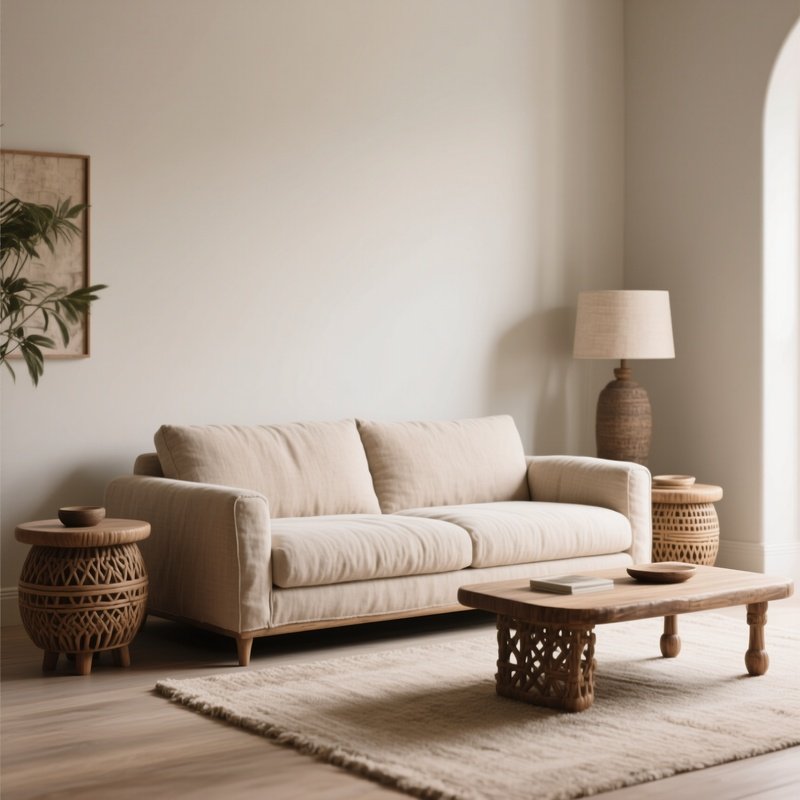A Calm Living Space With A Linen Sofa And Handcrafted Side Tables