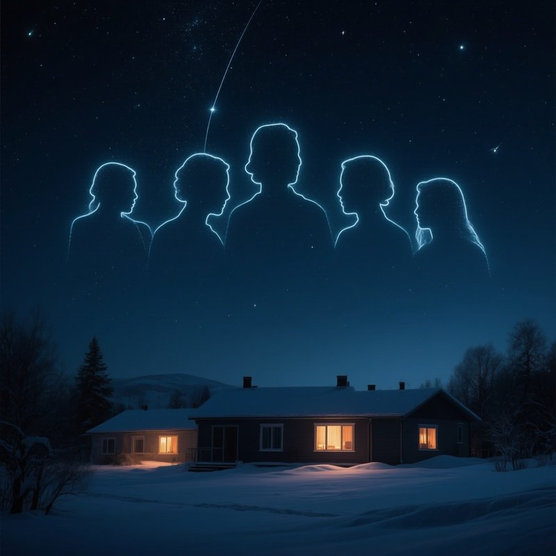 A Calm Winter Night Where The Seven Sisters Are Outlined Against A Starry Sky, Their Windows Dark