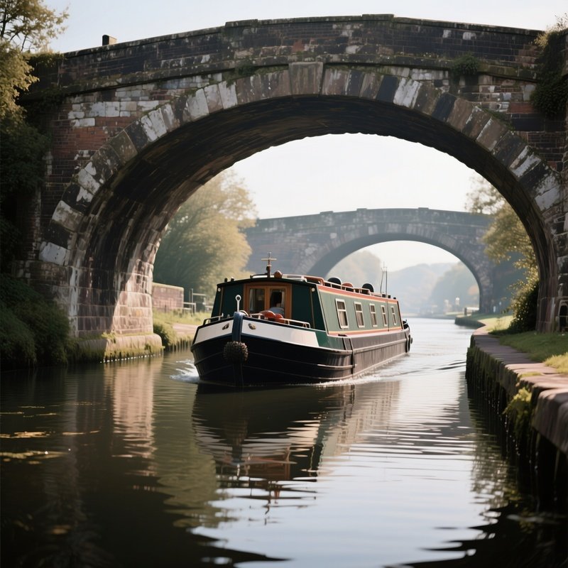 A Canal Barge Navigating Under Stone Arch Bridges