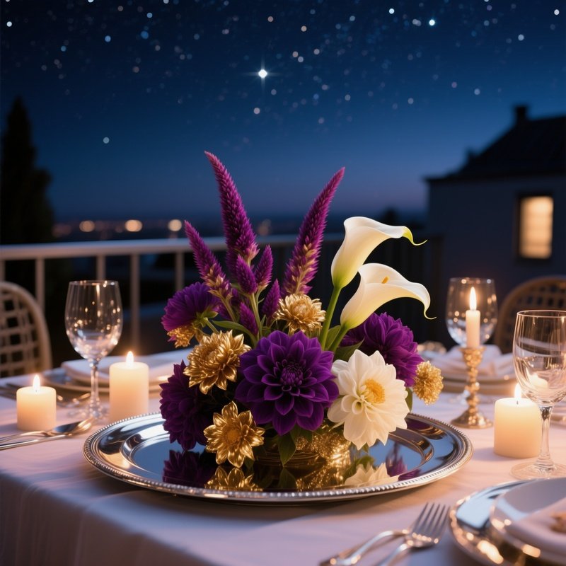 A Candlelit Dinner Setting On A Rooftop Terrace Under A Starry Night, A Polished Silver Tray