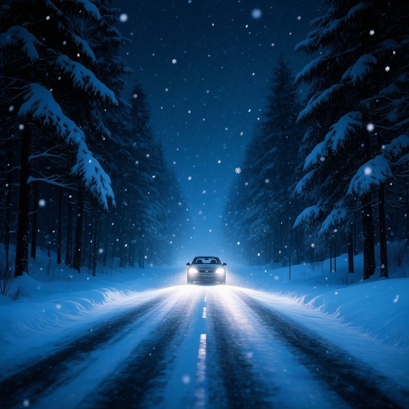 A Car Driving On A Snowy Road At Night Winter Night
