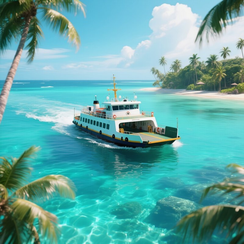 A Car Ferry Crossing Crystal Clear Tropical Water