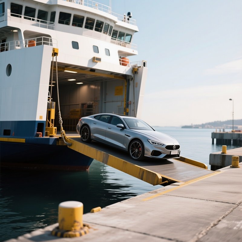 A Car Ferry Lowering Its Ramp Onto A Concrete Pier