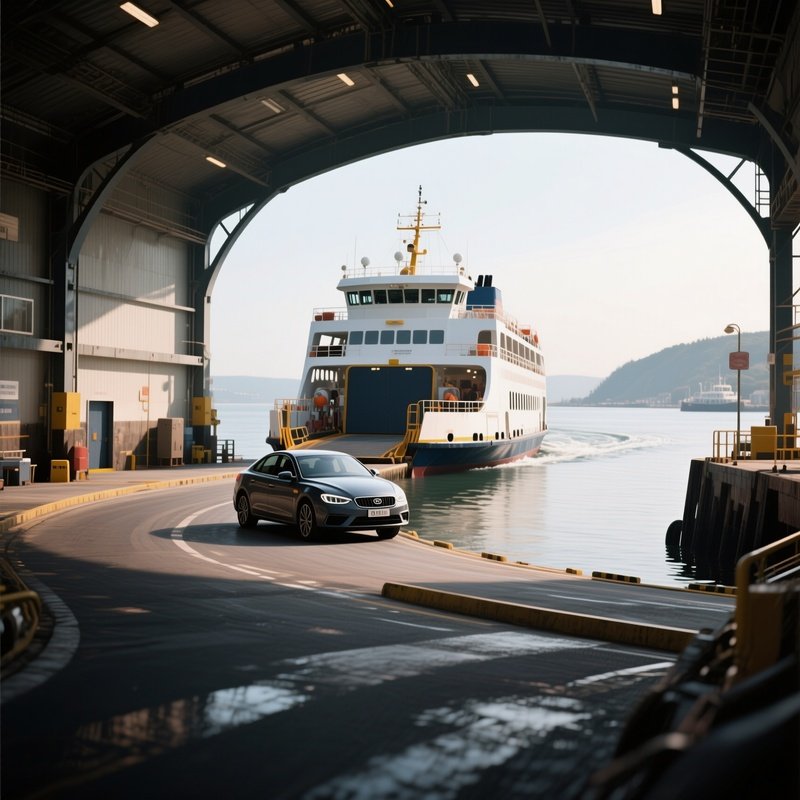 A Car Ferry Making A Slow Turn Inside A Sheltered Bay