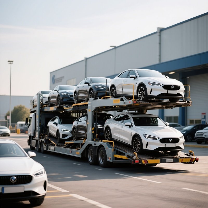 A Car Transporter Loaded With New Vehicles Near An Automotive Plant