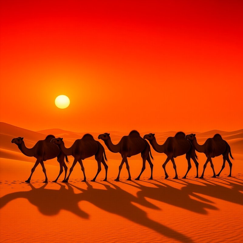 A Caravan Of Camels Moving Through Golden Dunes Under A Red Orange Sunset