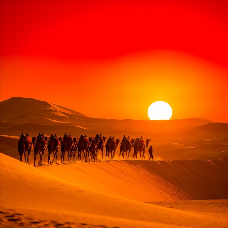 A Caravan Of Camels Moving Through Golden Dunes Under A Red Orange Sunset Interpretation