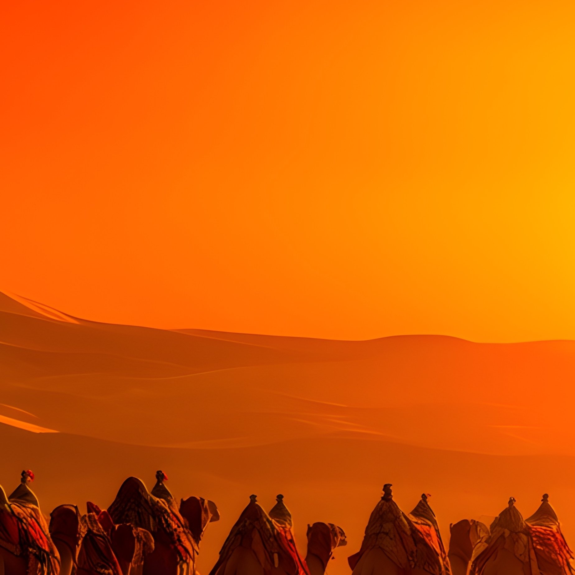 A Caravan Of Camels Moving Through Golden Dunes Under A Red Orange Sunset Interpretation - Full Resolution Quality Preview