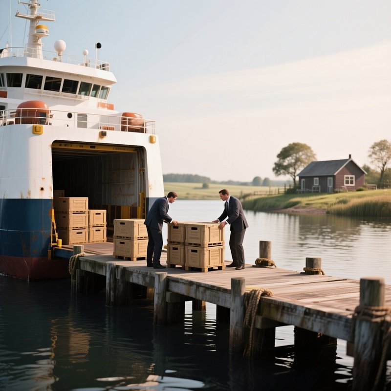 A Cargo Coaster Unloading Crates At A Small Rural Pier